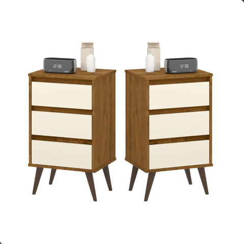 Kit Mesa de Cabeceira Pés Retrô 3 Gavetas Wood - Ej Móveis Off White / Freijó