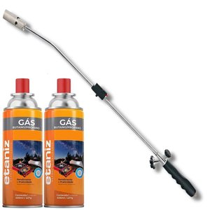 Kit Maçarico Longo Cabo Ergonômico 80cm Acendimento Automático Ajuste de Chama Soldagem + 2 Refil Gá