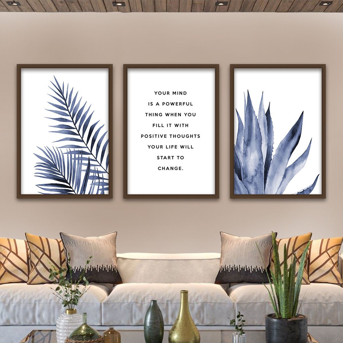 Kit 3 Quadros Decorativos Folhagens E Frase Moderno Quarto:Madeira ...