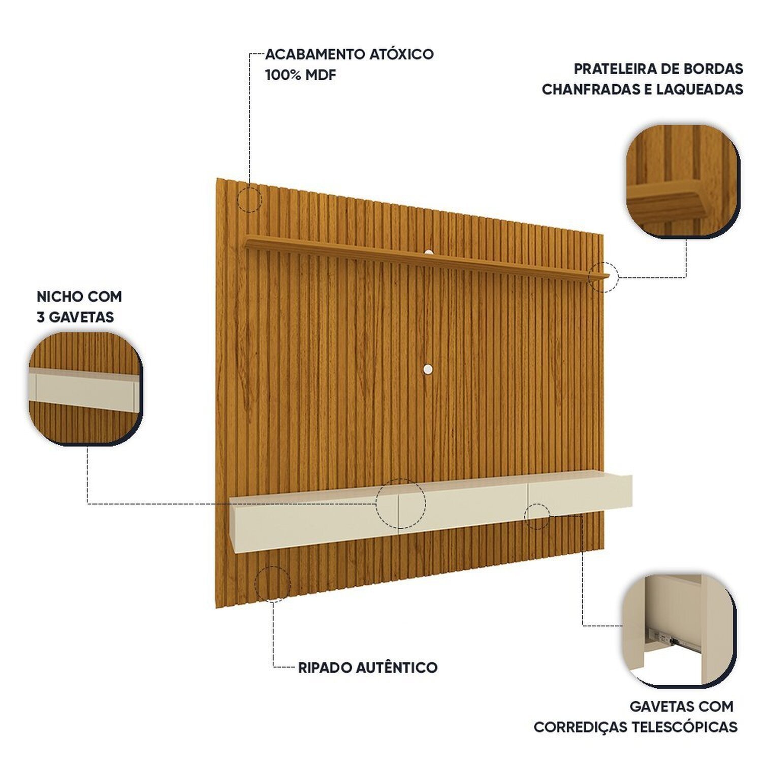 Estante Home Ripada para Tv até 85 Polegadas 3 Gavetas Nobre Clean - 5