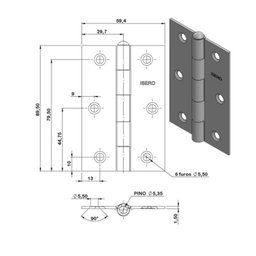 Dobradiça 3 1/2 X 2 5/16" Ferro Pino Reversível Leve Branco Cartela com 3 Unidades Isero - 2
