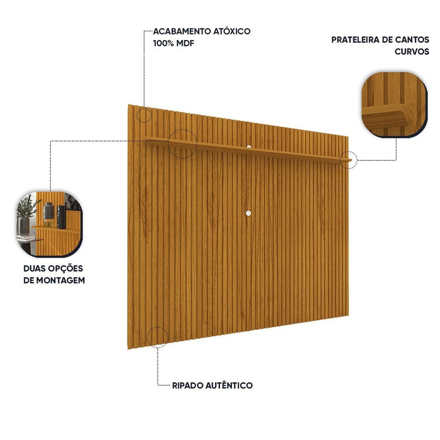 Painel Ripado para Tv até 85 Polegadas 1 Prateleira Nobre Clean - 6