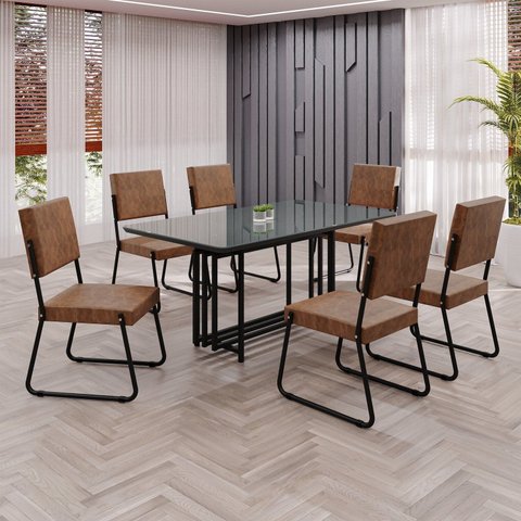 Conjunto Sala de Jantar Mesa 160x90cm Base Pérola Tampo MDF Laca com Vidro Napoli Preto/Marrom/Grafite