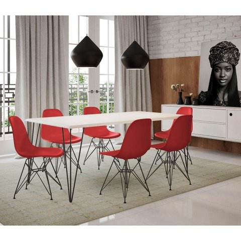 Conjunto De Mesa Clips De Ferro Preto Tampo Branco 135X75 6 Cadeiras Preta Assento Vermelho
