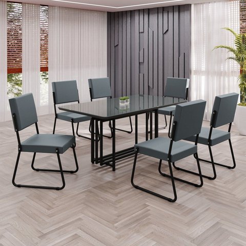 Conjunto Sala de Jantar Mesa 160x90cm Base Pérola Tampo MDF Laca com Vidro Napoli Preto/Grafite