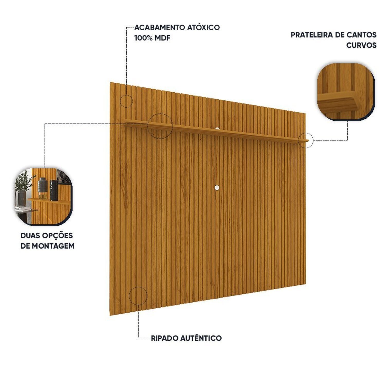 Painel Ripado para Tv até 85 Polegadas 1 Prateleira Nobre 230cm - 6