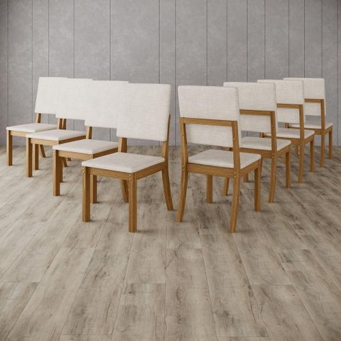 Kit 8 Cadeiras Estofadas para Mesa de Jantar Milla Estrutura em MDF-MDP Linho Bege Móveis Henn