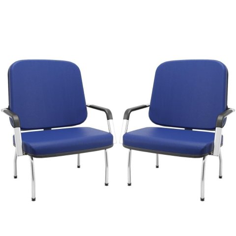 Kit 02 Cadeiras de Escritório Recepção com Braço Fixa Cromada Magno P03 Vinil Azul - Lyam Decor