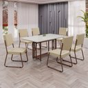 Ver imagem 1 de Conjunto Sala de Jantar Mesa 160x90cm Base Pérola Tampo MDF Laca com Vidro Napoli Marrom/Creme/Off White