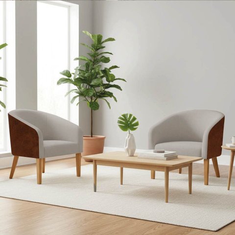 Poltrona Sala Decorativa Kit 2 Stella Pé Madeira Trapézio Castanho Sintético Pu Nozes/linho Cinza D0