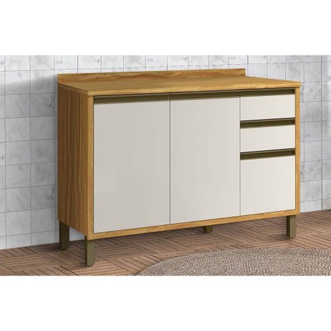 Gabinete P/ Pia Cozinha Balcão C/ Tampo Tempranillo C/ 2 Portas e 3 Gavetas 120cm Amendoa/off White