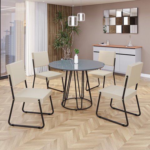 Conjunto Sala de Jantar Mesa Redonda 100cm Base Omega Tampo MDF Laca com Vidro Napoli Preto/Creme