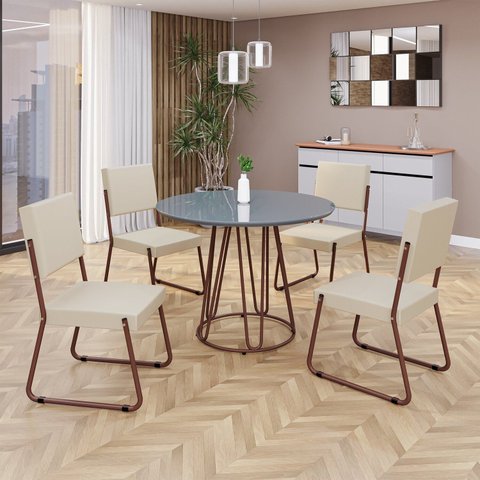Conjunto Sala de Jantar Mesa Redonda 100cm Base Omega Tampo MDF Laca com Vidro Napoli Marrom/Creme