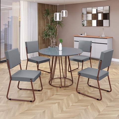 Conjunto Sala de Jantar Mesa Redonda 100cm Base Omega Tampo MDF Laca com Vidro Napoli Marrom/Grafite
