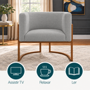 Ver imagem 3 de Poltrona Decorativa Luna Bouclé Premium para Sala Escritório Recepção Base Circular em Ferro Madeira