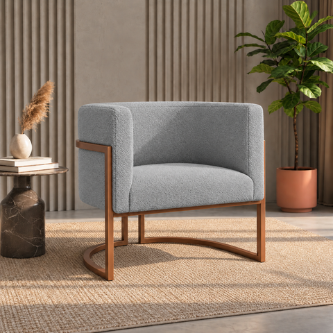 Poltrona Decorativa Luna Bouclé Premium para Sala Escritório Recepção Base Circular em Ferro Madeira