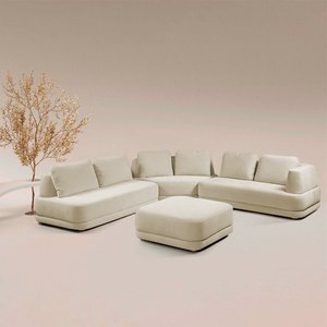 Sofá de Canto Modulado Vercelli 522cm com Almofadas Soltas e Puff Veludo Luxo Bege G92 - Gran Belo