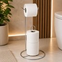 Ver imagem 2 de Porta Papel Higienico Chao Duplo Suporte Rolo Cromado Banheiro Organizador Lavabo Moderno Resistente