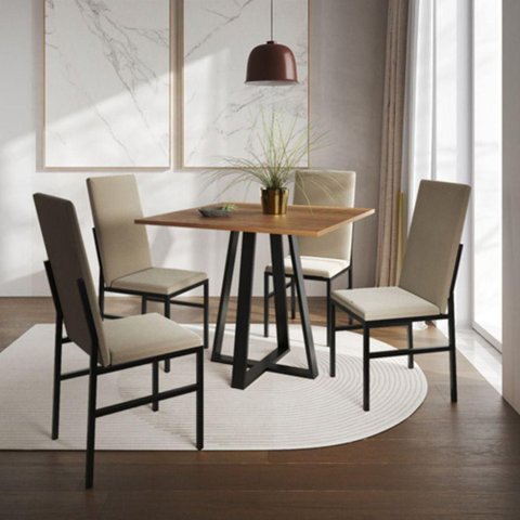 Conjunto de Jantar Mônaco Premium Mesa 90cm com 4 Cadeiras Estofadas para Cozinha - Imbuia-Bege