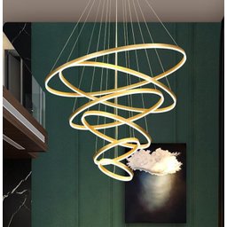 Pendente 6 Anéis Dourado Fosco Escovado 120cm Led 180w 3200k Bivolt Cabo de 370cm Paris Luz - 1
