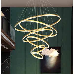 Pendente 6 Anéis Dourado Fosco Escovado 120cm Led 180w 3200k Bivolt Cabo de 370cm Paris Luz