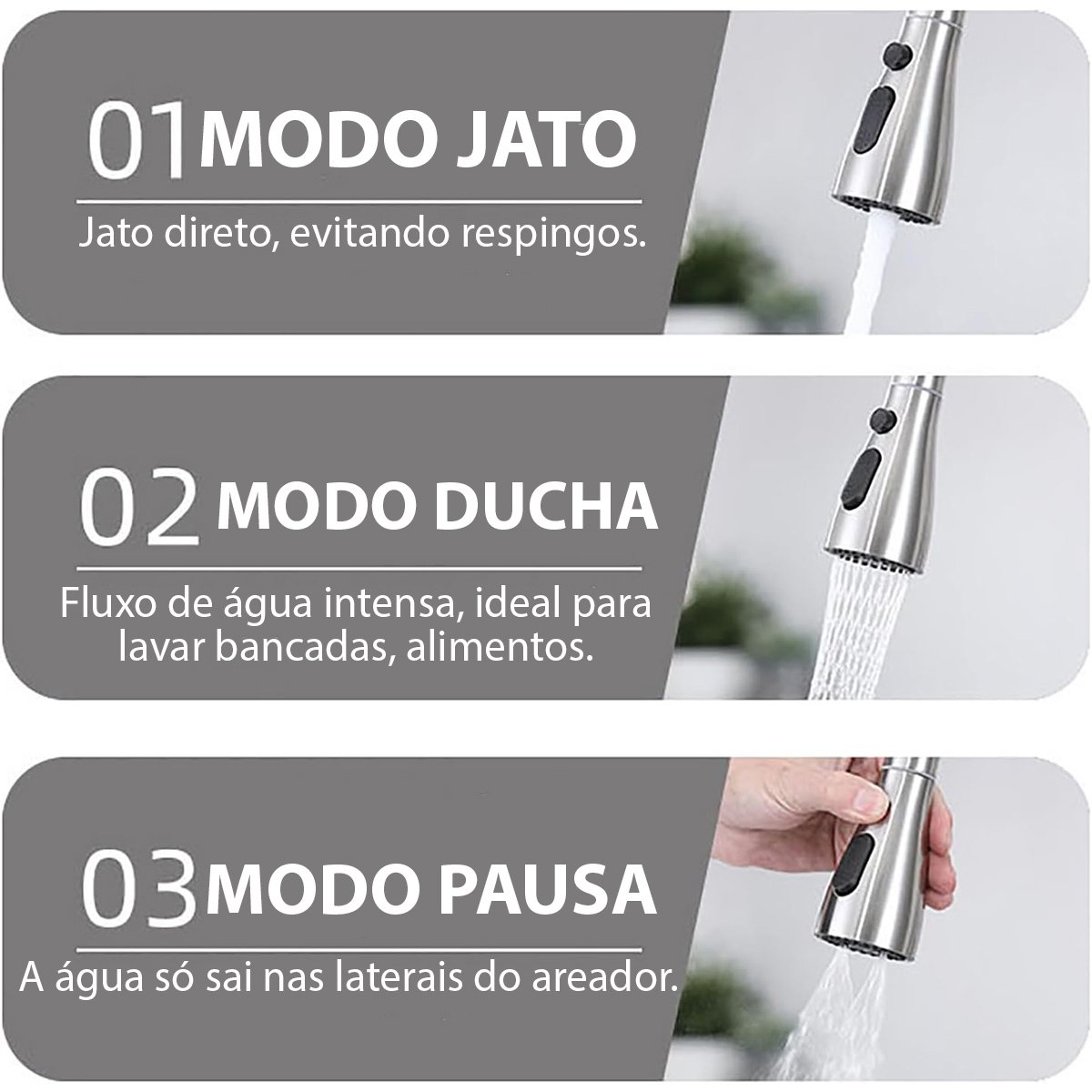 Torneira Goumert Extensivel Pia Cozinha Bancada Luxo Monocomando 3 Modos Agua Fria Quente Moderna So - 3