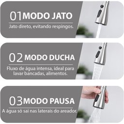 Torneira Goumert Extensivel Pia Cozinha Bancada Luxo Monocomando 3 Modos Agua Fria Quente Moderna So - 3