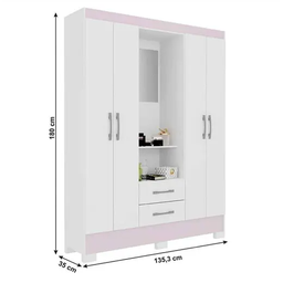 Guarda Roupa Valenca 4 Portas 2 Gavetas e Penteadeira com Espelho Branco/ Rosa - 5