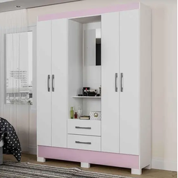 Guarda Roupa Valenca 4 Portas 2 Gavetas e Penteadeira com Espelho Branco/ Rosa - 2
