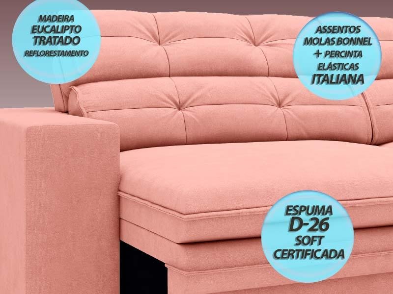 Sofá Pegasus 2,50M Assento Retrátil e Reclinável Velosuede Rose - Netsofás - 2