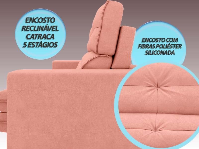 Sofá Pegasus 2,50M Assento Retrátil e Reclinável Velosuede Rose - Netsofás - 7