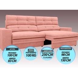 Sofá Pegasus 2,50M Assento Retrátil e Reclinável Velosuede Rose - Netsofás - 5