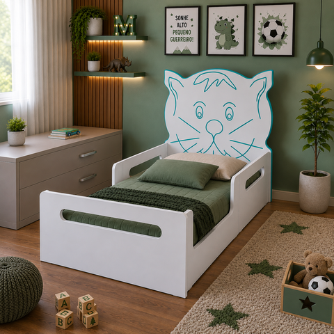 Cama Infantil Gatinho Montessori Branca com Proteção Lateral e Design Lúdico MDF:Menta