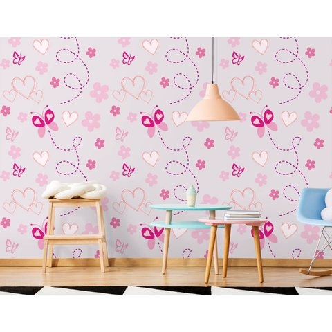 Papel de Parede Infantil - Borboletas e Corações Arte Destaque 3 Metros
