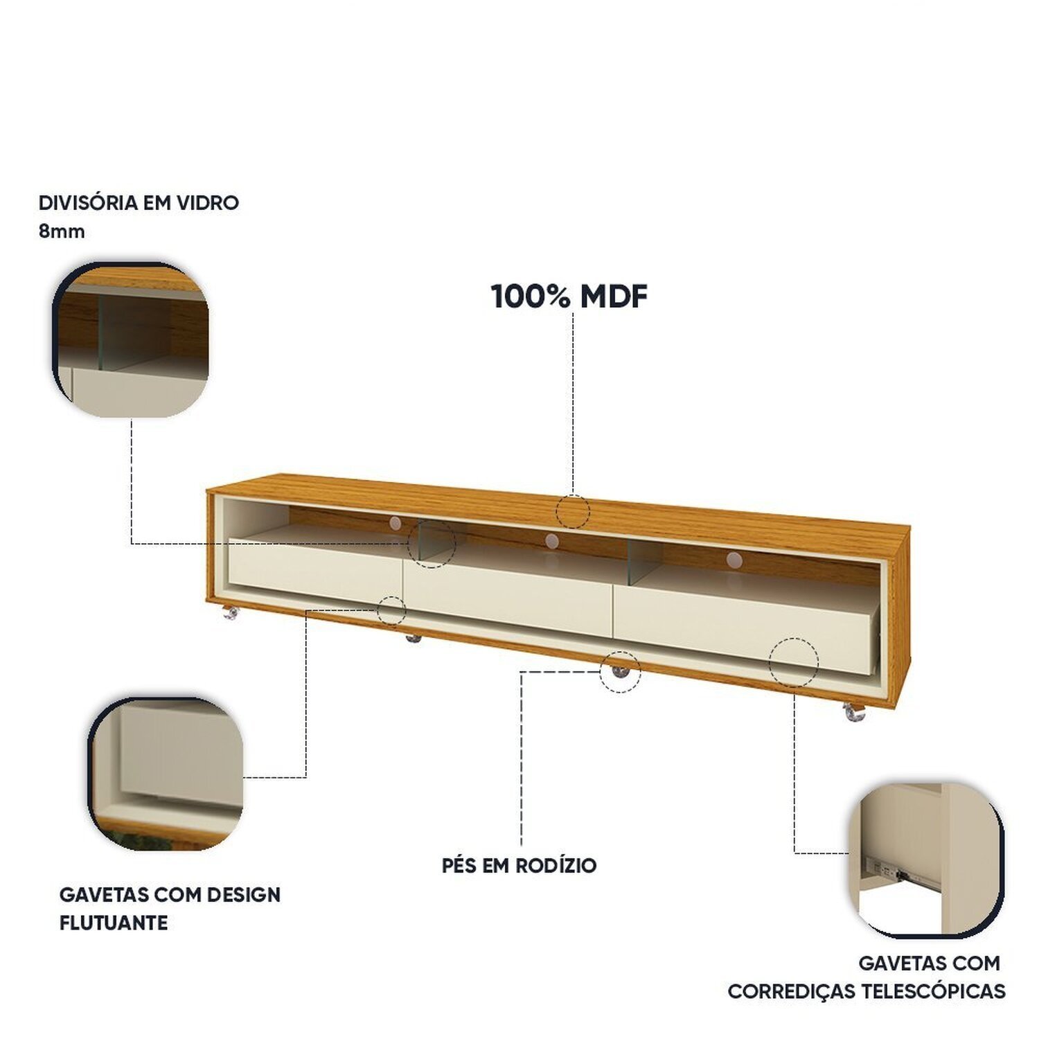 Rack para Tv até 85 Polegadas com Rodízios Requinte 211cm - 5