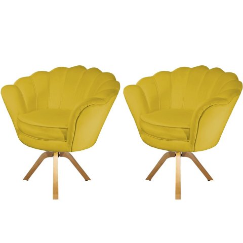 Kit 2 Poltronas Decorativa Pétala Base Giratória Madeira Couro Amarelo Ms Decor