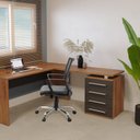 Ver imagem 1 de Conjunto de Mesa e Gaveteiro com Gavetas para Escritório Direito 4 Gavetas 137cm Marrom e Preto
