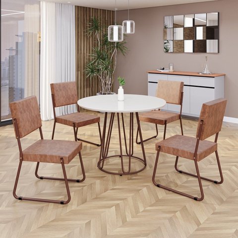 Conjunto Sala de Jantar Mesa Redonda 100cm Base Omega Tampo MDF Laca com Vidro Napoli Marrom