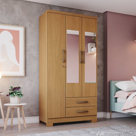 Guarda-Roupa Solteiro 3 Portas e 2 Gavetas com Espelhos Açaí Marrom/Cinamomo