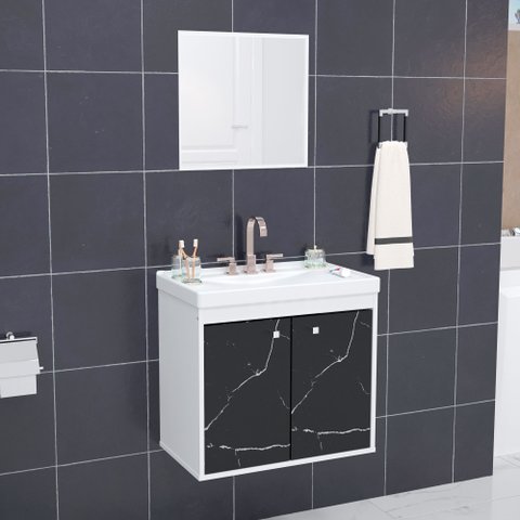 Kit Gabinete Banheiro Armario Cuba Pia com Espelheira - Bergamo Preto