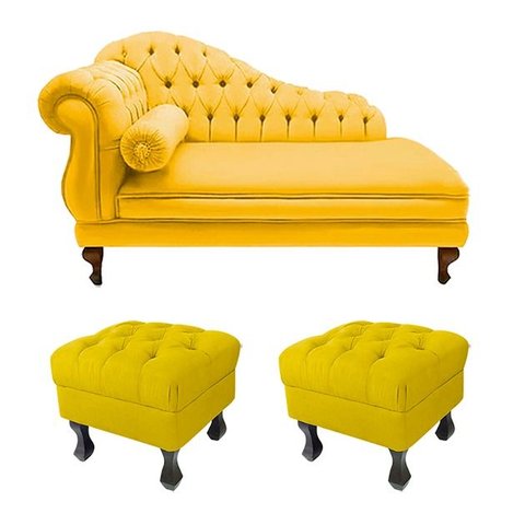 Divã Recamier Namoradeira Larissa 150cm + 2 Puffs Retrô Suede Amarelo