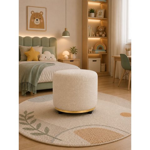 Puff Redondo Infantil - Banquinho Decorativo para Quarto Brinquedoteca - Espaço Kids Linho Bege