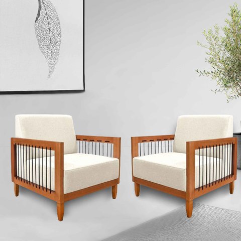 Kit 2 Poltronas Sala de Estar Pés Madeira Maciça Corda Náutica Preta 75cm Manila Linho Off White Rús