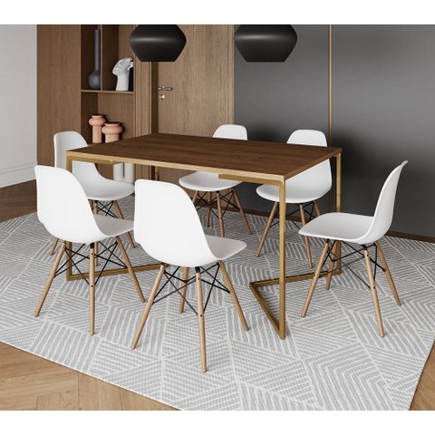 Mesa Jantar Industrial Retangular 137x90cm Amêndoa Base V Dourada com 6 Cadeiras Eames Eiffel Madeir