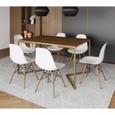Ver imagem 1 de Mesa Jantar Industrial Retangular 137x90cm Amêndoa Base V Dourada com 6 Cadeiras Eames Eiffel Madeir