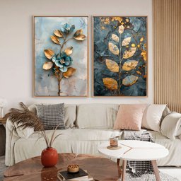 Quadro Decorativo Floral Azul Royal em 2 telas Canvas TaColado Moldura Flutuante 4,5cm Madeira 60 x  - 1