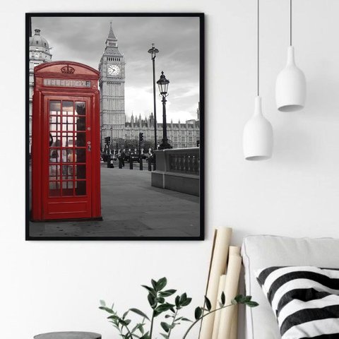 Quadro Decorativo Big Ben Cabine Londres - 70x50cm:moldura Preta