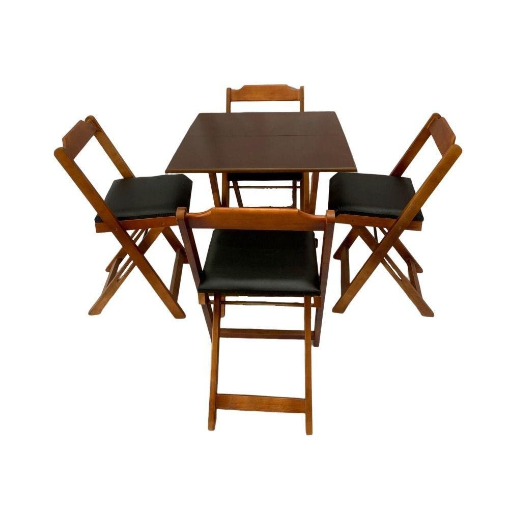 Conjunto Mesa Dobrável 70x70cm C/4 Cadeiras Imbuia com Estofado Preto