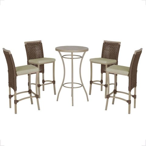 Mesa Bistrô e 4 Banquetas Roma Fendi Corda Estofado 7 Trama Marrom