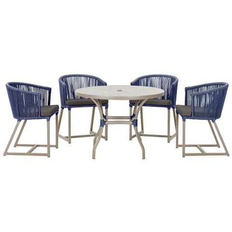 Mesa com 4 Cadeiras de Jantar Roma 100cm e Noronha em Aluminío Fendi Corda Nautica Estofado 11 Trama